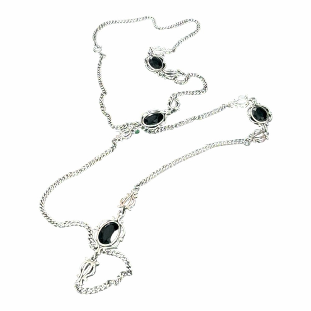 Vintage Black Stone Silver Tone Necklace Set Station Necklace + Pendant 259 - Picture 3 of 7